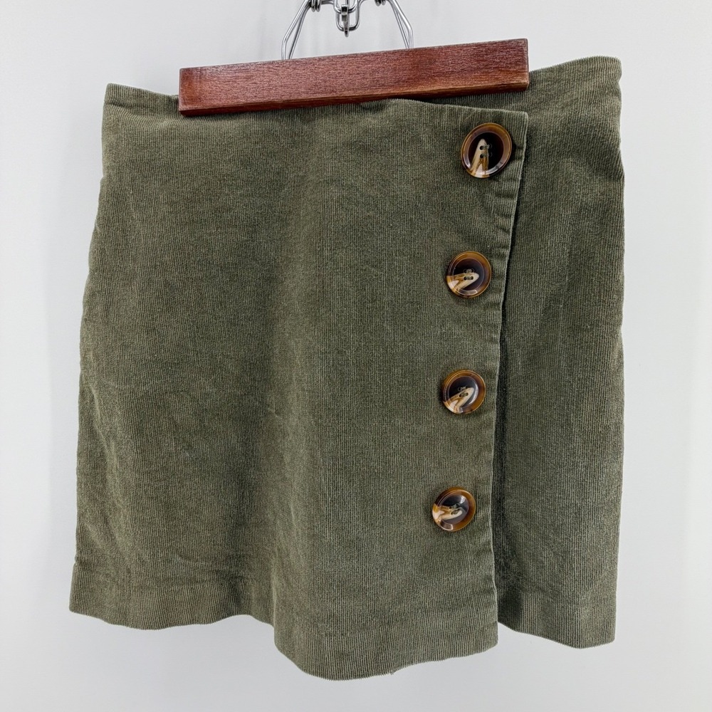 Altar'd State Skirt Womens Size Medium Green Front Button Micro-Corduroy Mini